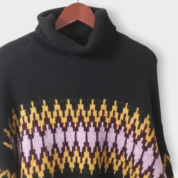 A.L.C. Tracey Fair Isle Sweater Oversized Alpaca Turtleneck Blk Bordeaux Sz Med - Picture 2 of 13